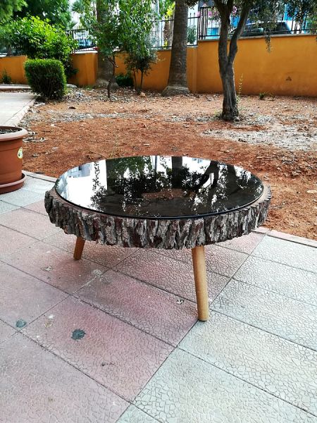 70 cm Meşe Kütüğü Camlı Orta Sehpa - QF02-25 - 2