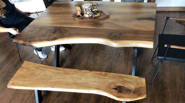 Ceviz Ağacı Kütük Masa, Bank ve 4 Sandalye Takımı - 150x90 cm - RTL157-106 - 2